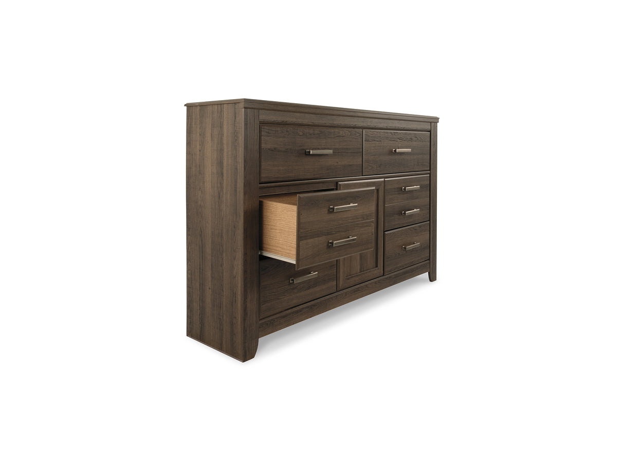 Juararo Dark Brown King Poster Bed, Dresser, Chest And Nightstand