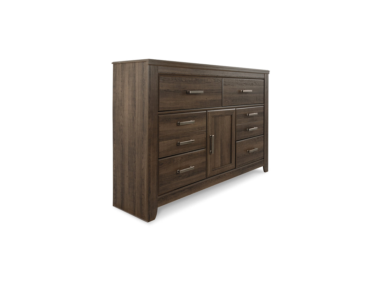 Juararo Dark Brown King Poster Bed, Dresser, Chest And Nightstand