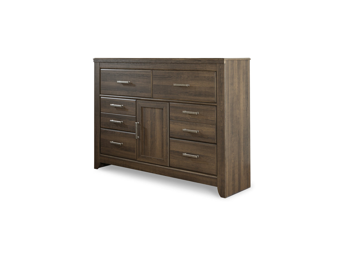 Juararo Dark Brown King Poster Bed, Dresser, Mirror, Chest And Nightstand