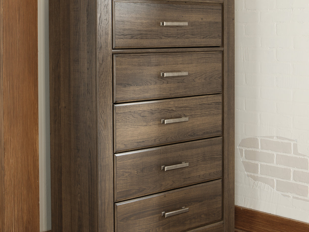 Juararo Dark Brown King Poster Bed, Dresser, Chest And Nightstand