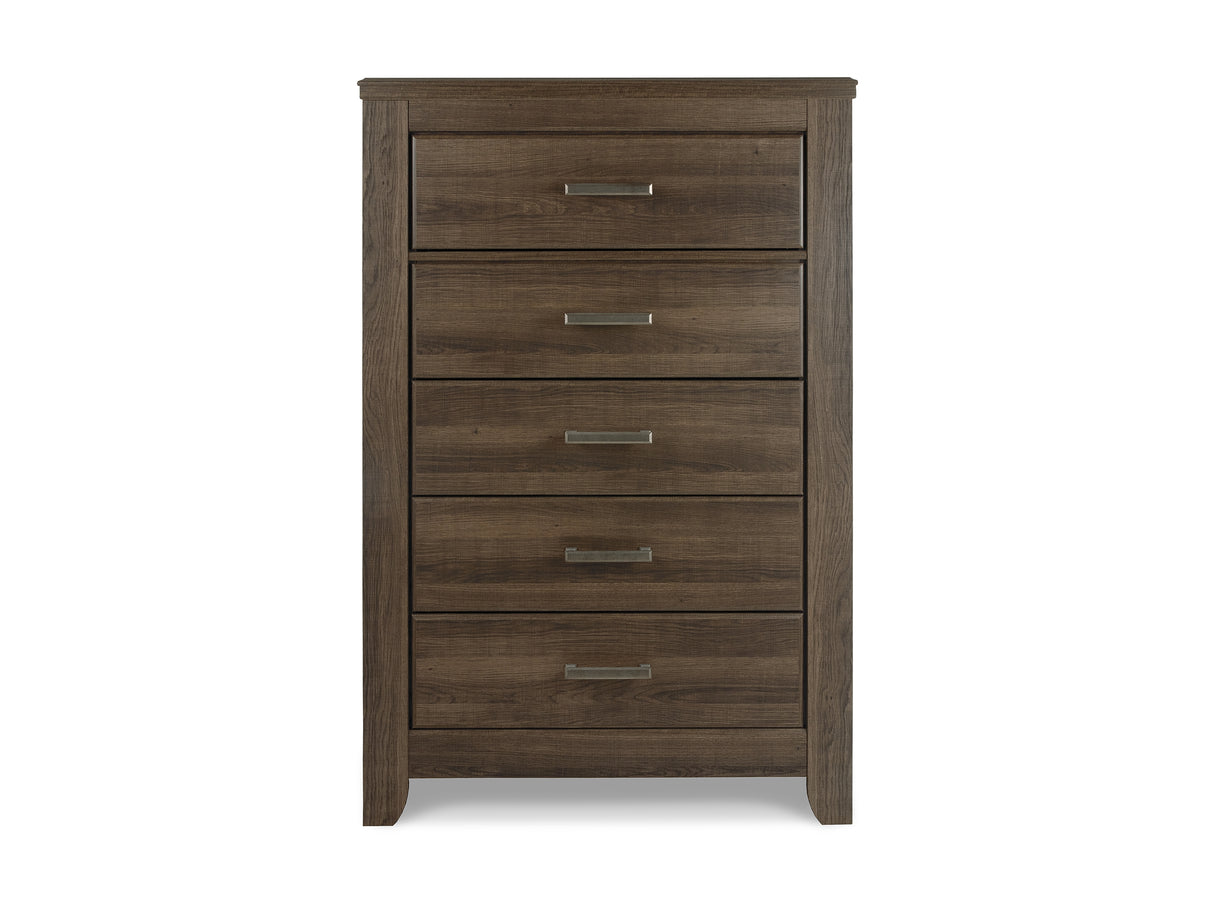 Juararo Dark Brown California King Poster Bed, Dresser, Mirror, Chest And 2 Nightstands