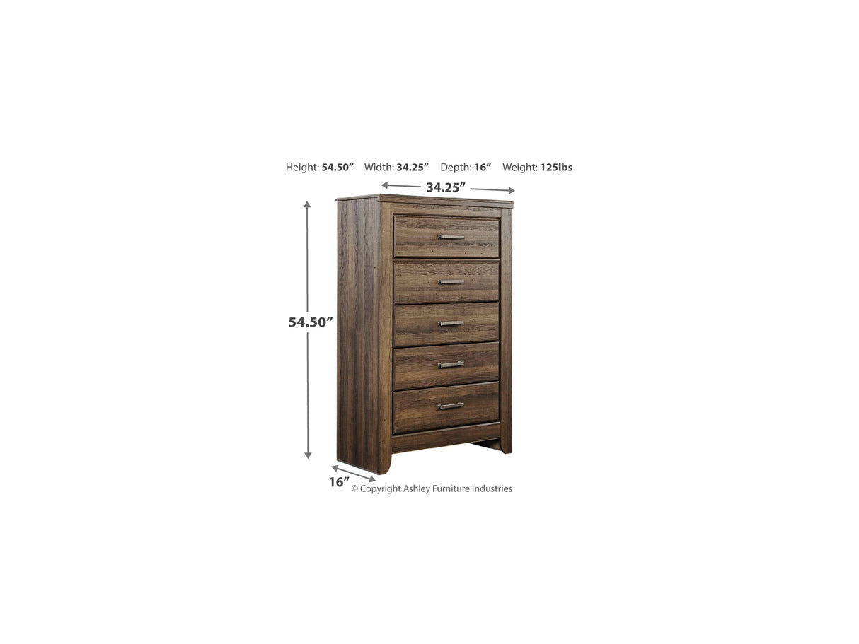 Juararo Dark Brown Queen Poster Bed, Dresser, Mirror, Chest And 2 Nightstands