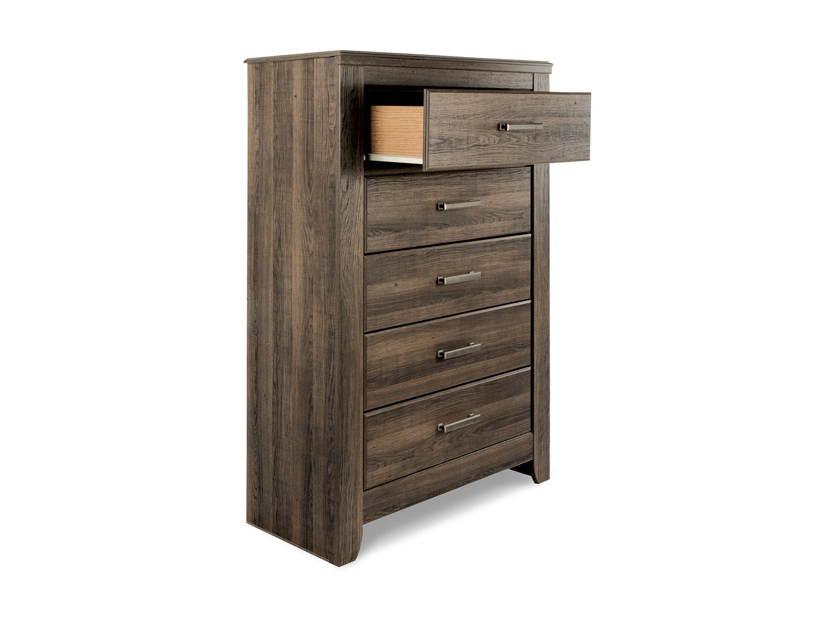 Juararo Dark Brown Queen Poster Bed, Dresser, Mirror, Chest And 2 Nightstands