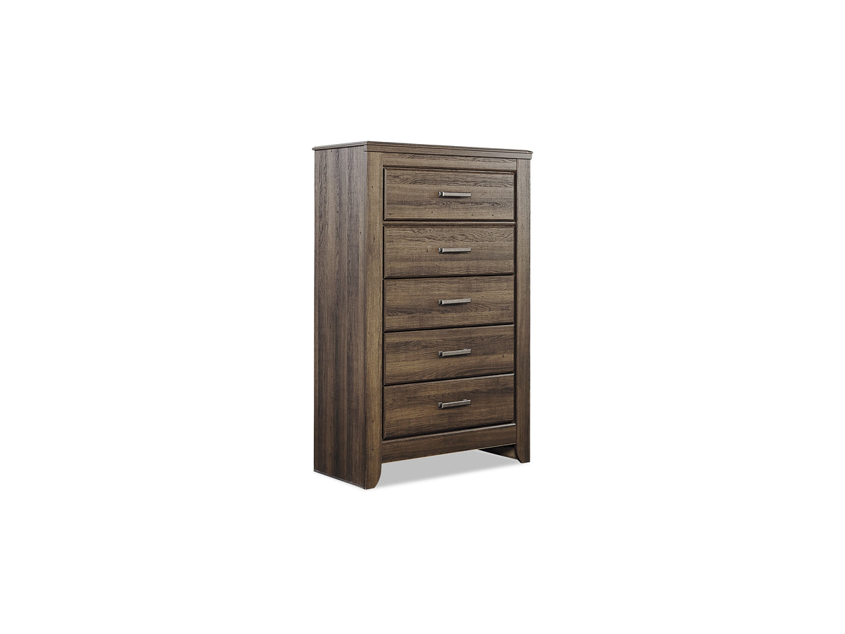 Juararo Dark Brown California King Poster Bed, Dresser, Mirror, Chest And 2 Nightstands