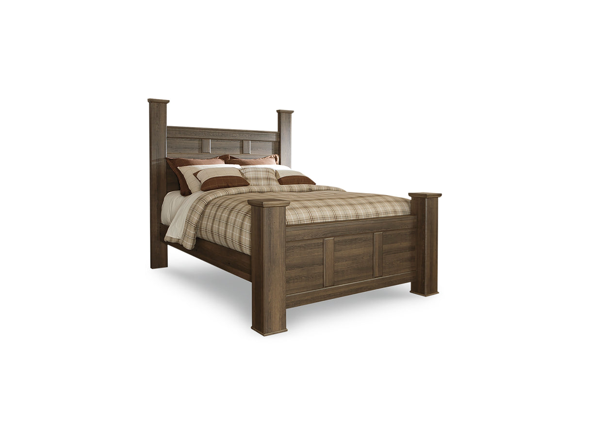 Juararo Dark Brown Queen Poster Bed With Mirrored Dresser And Nightstand