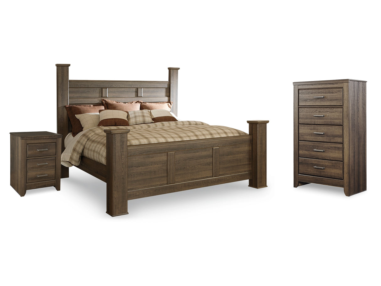 Juararo Dark Brown King Poster Bed, Chest And Nightstand
