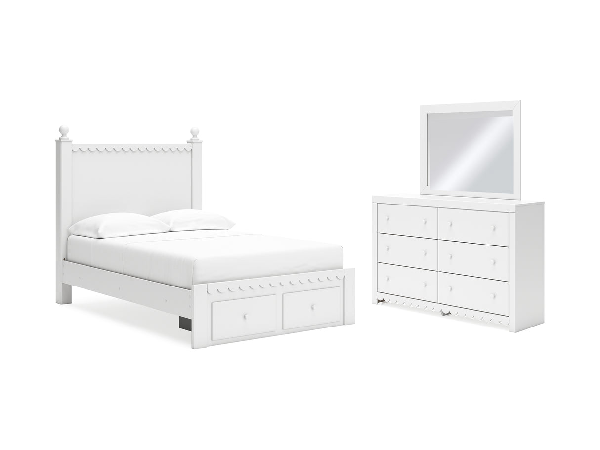 Mollviney White Full Panel Storage Bed, Dresser And Mirror