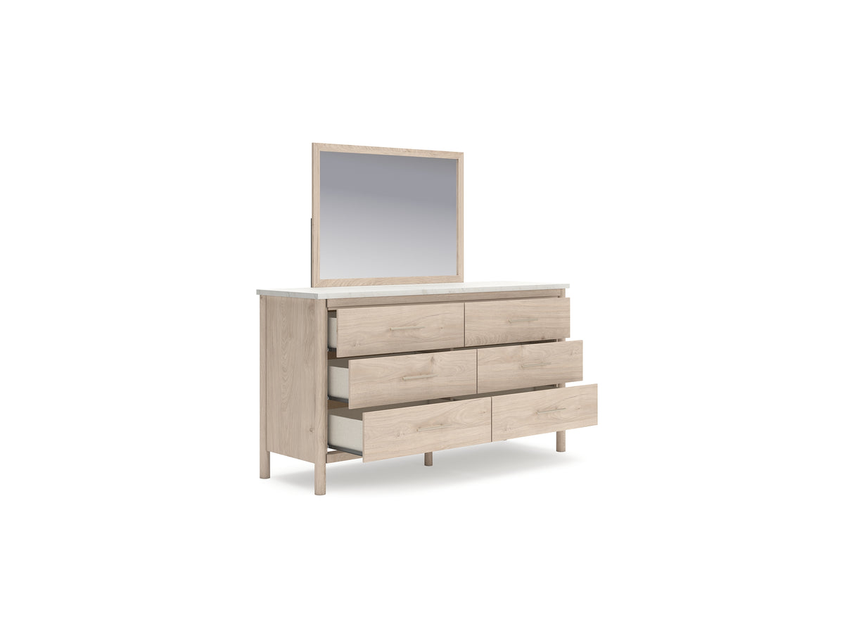 Cadmori Two-Tone Queen Upholstered Panel Bed, Dresser And Mirror