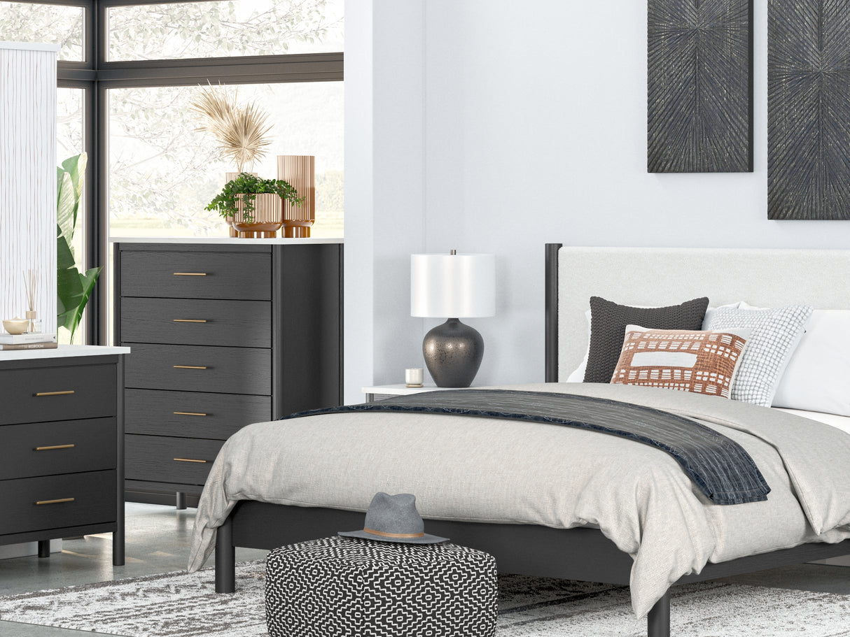 Cadmori Black/White King Upholstered Panel Bed