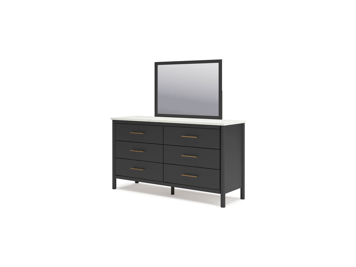 Cadmori Black/White King Upholstered Panel Bed, Dresser And Mirror