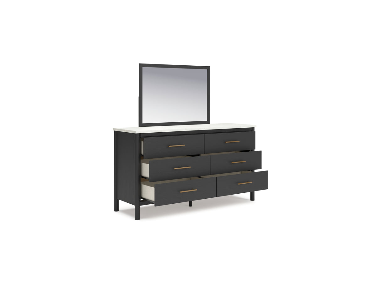 Cadmori Black/White Queen Upholstered Panel Bed, Dresser And Mirror