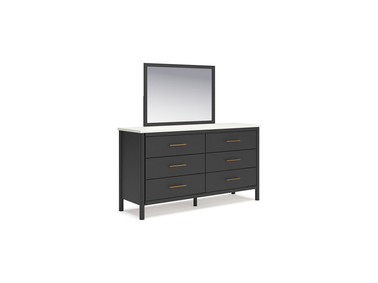 Cadmori Black/White Queen Upholstered Panel Bed, Dresser And Mirror