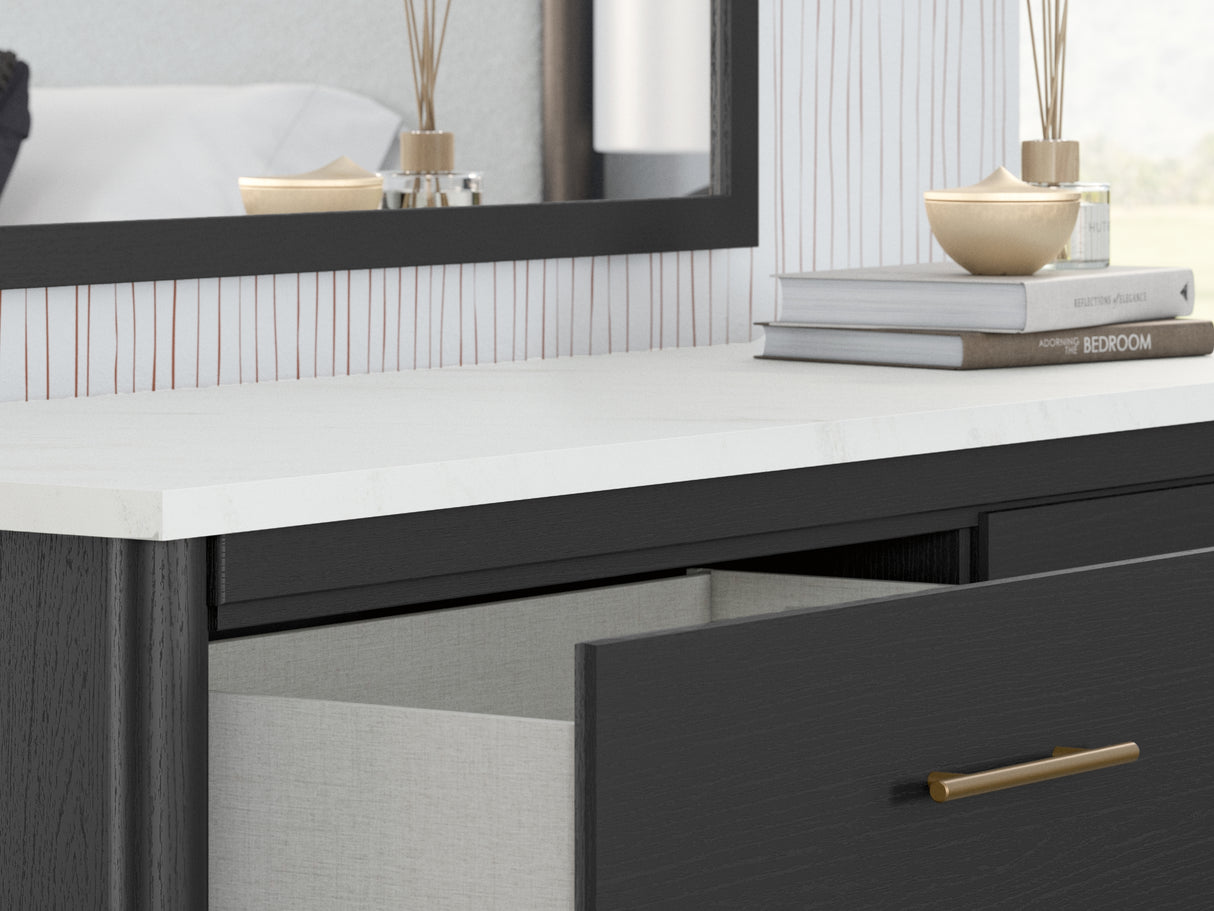 Cadmori Black/White Queen Upholstered Panel Bed, Dresser And Mirror