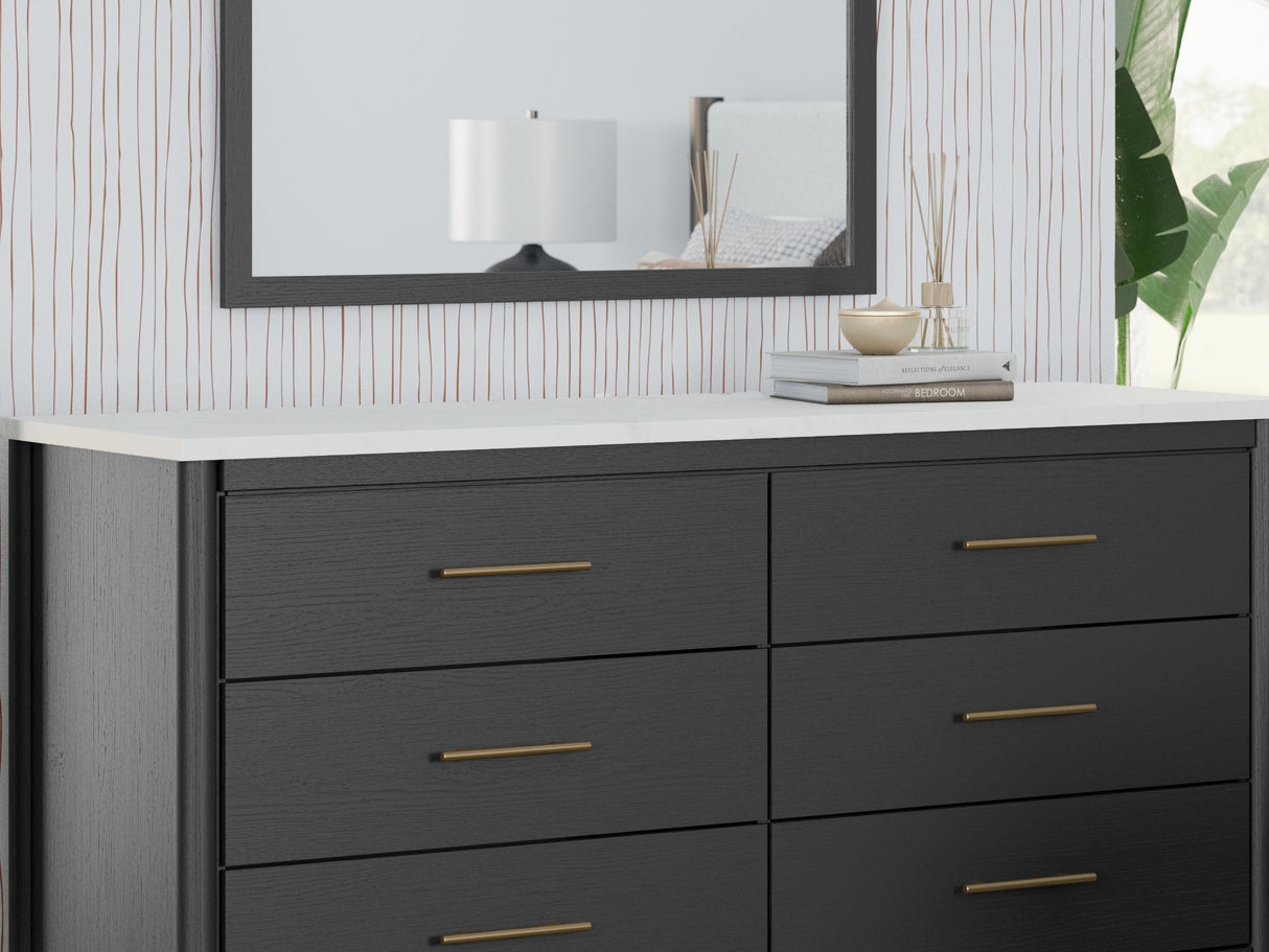 Cadmori Black/White King Upholstered Panel Bed, Dresser And Mirror