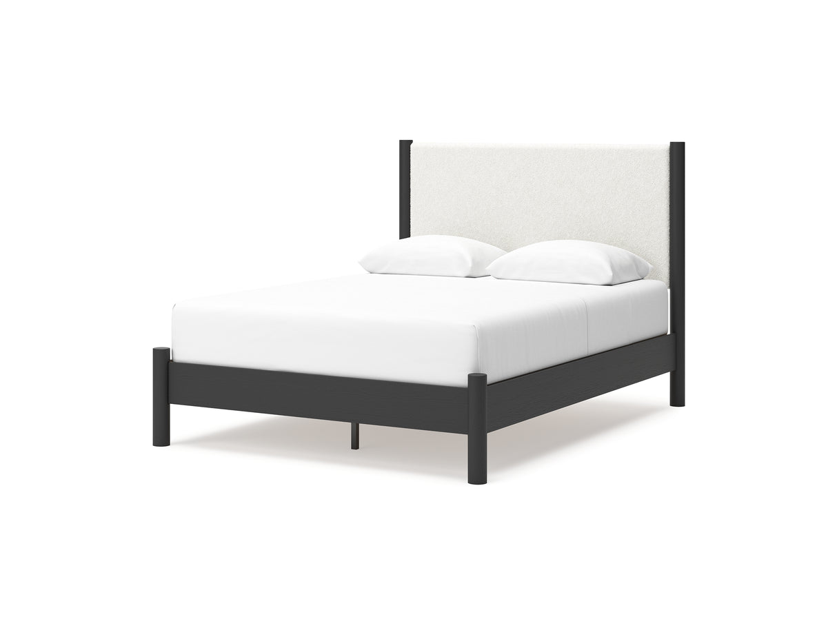 Cadmori Black/White Queen Upholstered Panel Bed, Dresser And Mirror