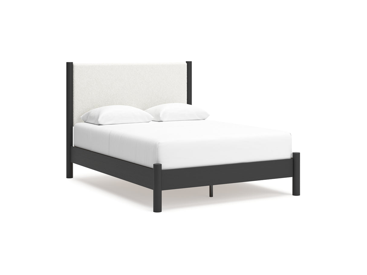 Cadmori Black/White Queen Upholstered Panel Bed, Dresser And Mirror
