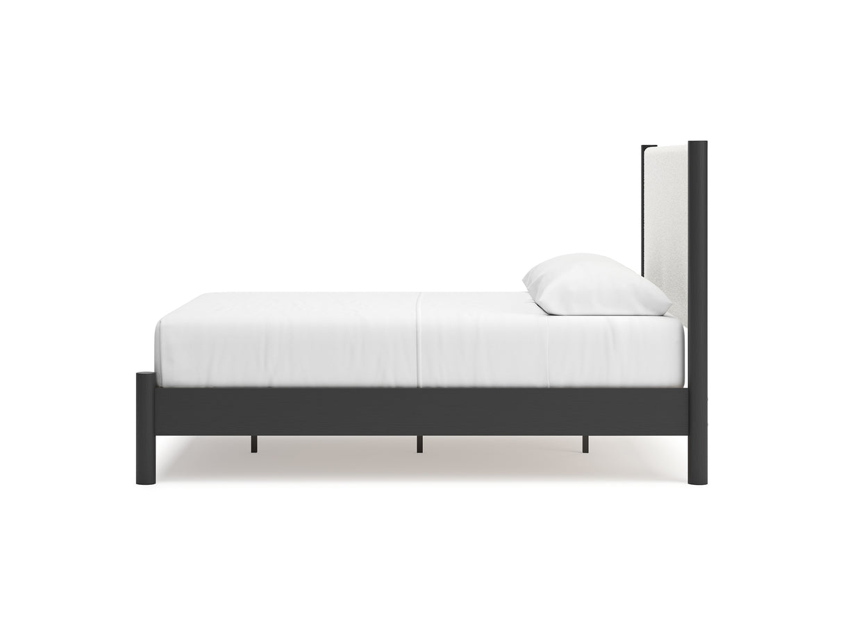 Cadmori Black/White Queen Upholstered Panel Bed, Dresser And Mirror