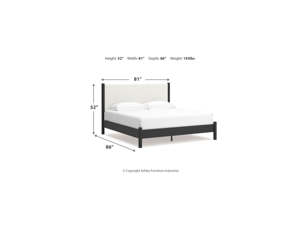 Cadmori Black/White King Upholstered Panel Bed, Dresser And Mirror