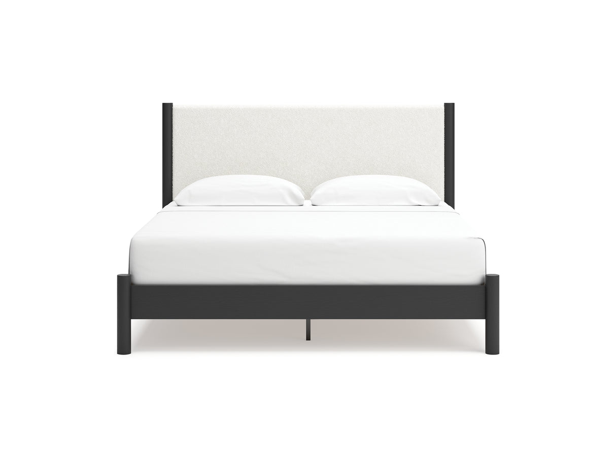 Cadmori Black/White King Upholstered Panel Bed, Dresser And Mirror