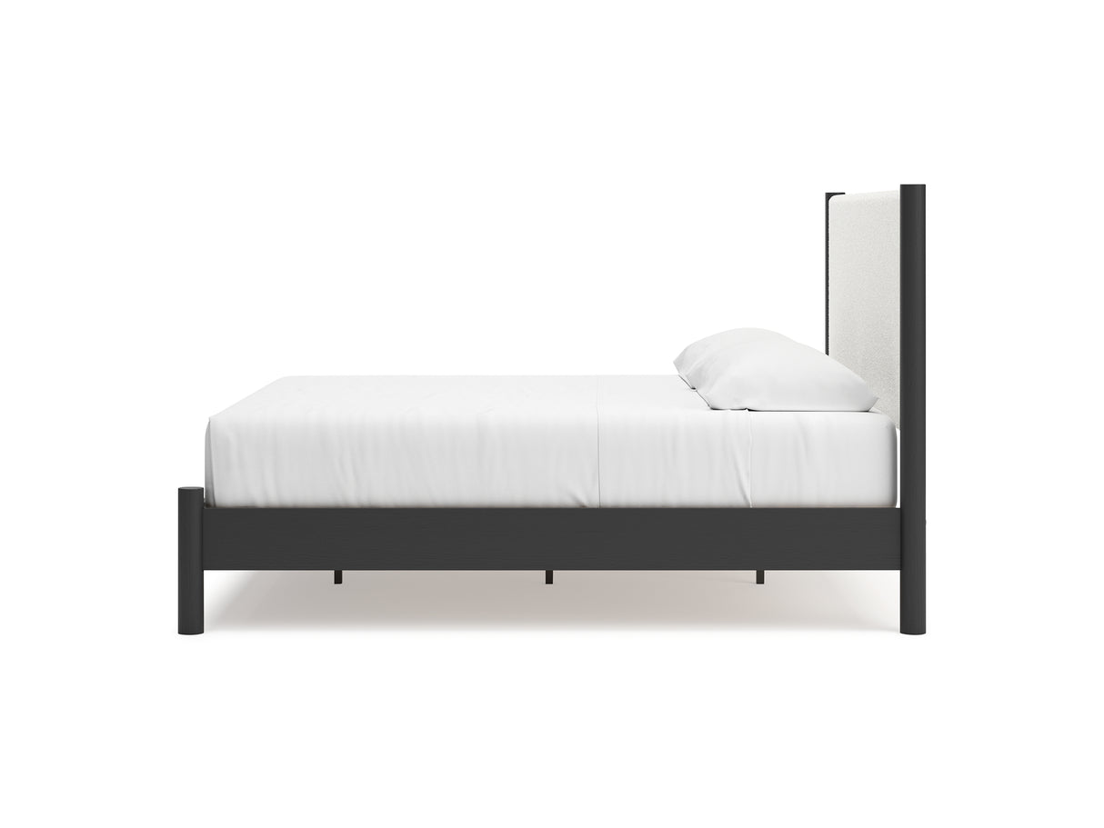 Cadmori Black/White King Upholstered Panel Bed, Dresser And Mirror
