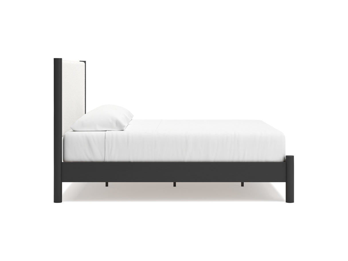 Cadmori Black/White King Upholstered Panel Bed, Dresser And Mirror