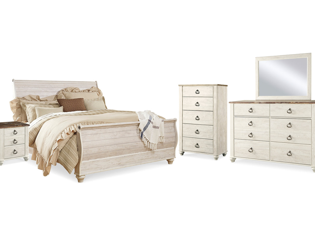 Willowton Whitewash King Sleigh Bed, Dresser, Mirror, Chest And 2 Nightstands