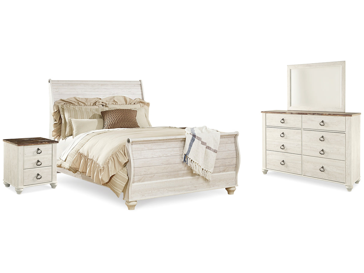 Willowton Whitewash Queen Sleigh Bed, Dresser, Mirror And 2 Nightstands