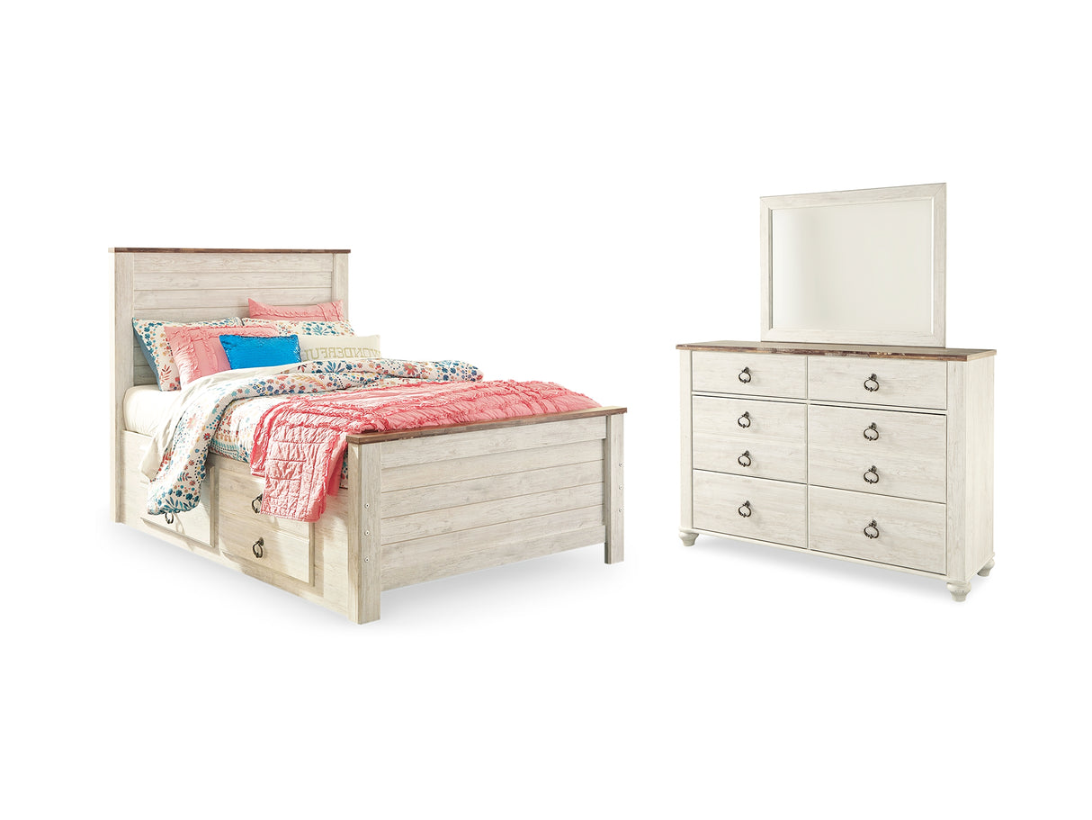 Willowton Whitewash Full Panel Bed With Storage, Dresser And Mirror