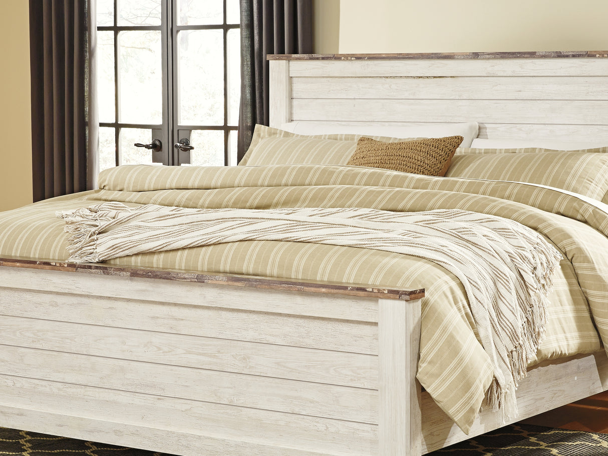 Willowton Whitewash King Panel Bed, Dresser, Mirror, Chest And 2 Nightstands