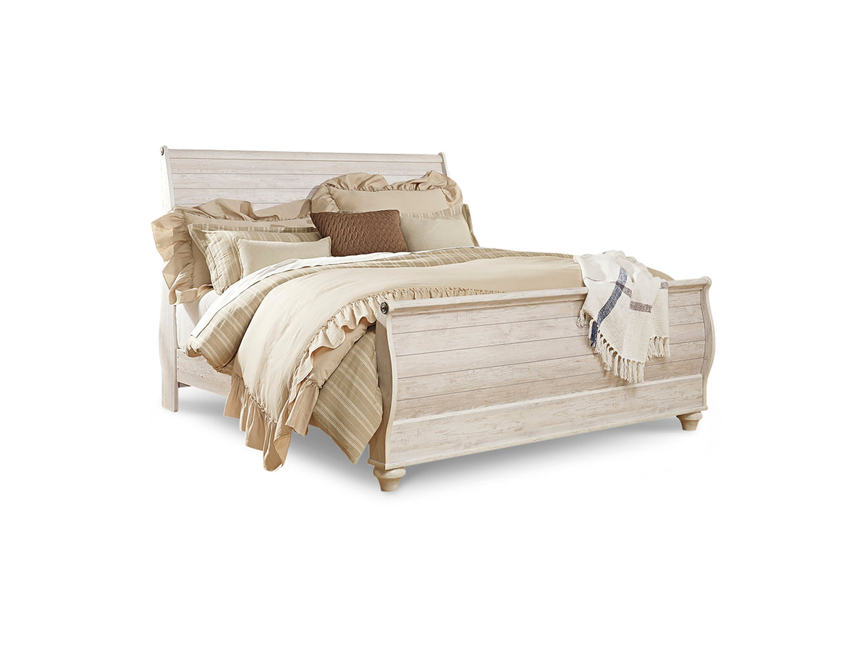 Willowton Whitewash King Sleigh Bed, Dresser, Mirror, Chest And 2 Nightstands