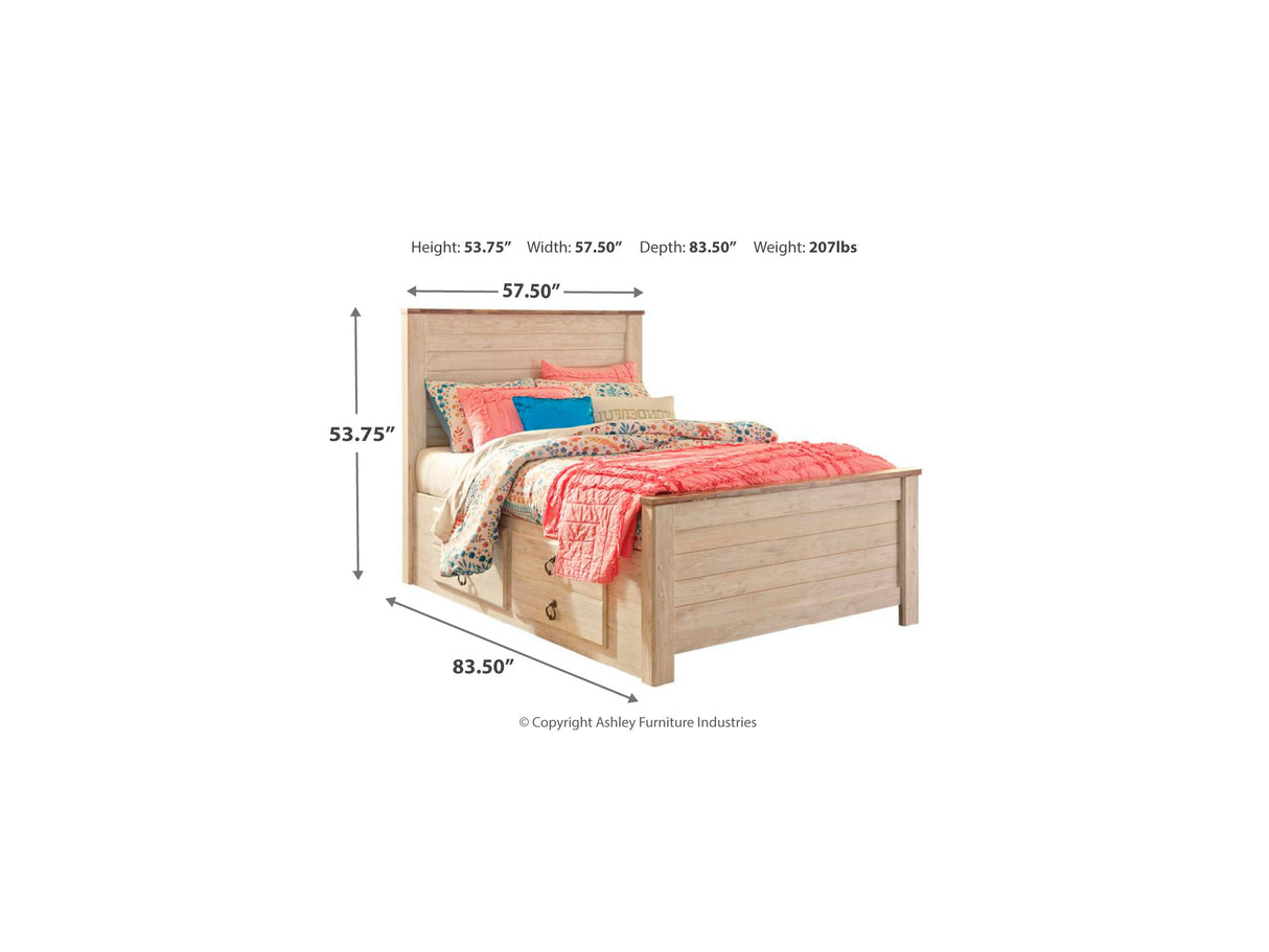 Willowton Whitewash Full Panel Bed With Storage, Dresser And Mirror