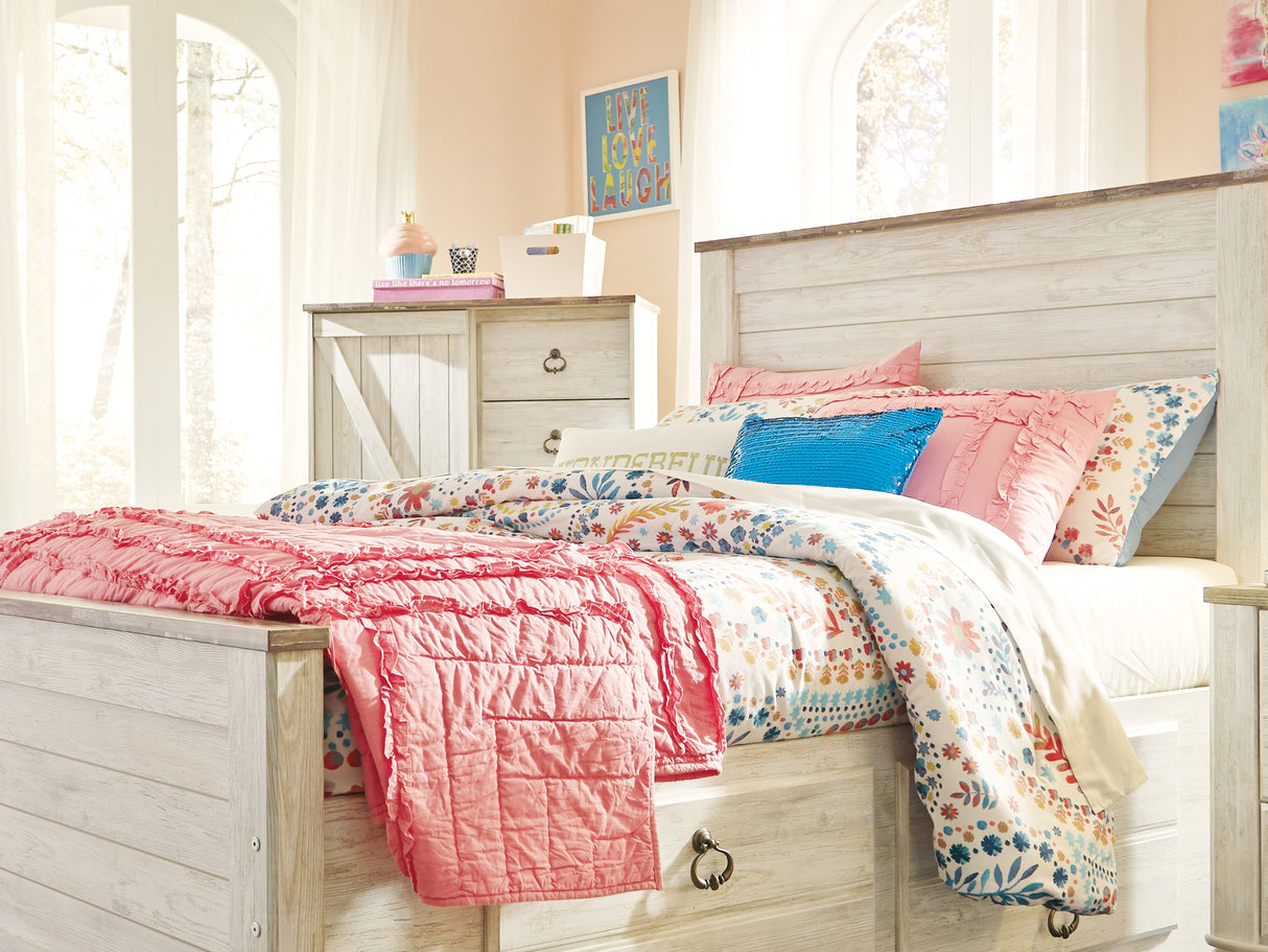 Willowton Whitewash Full Panel Bed With Storage, Dresser And Mirror