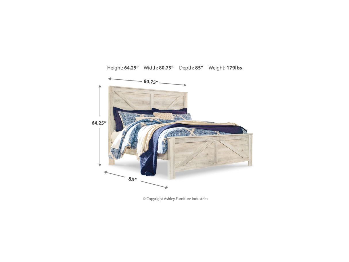 Bellaby Whitewash King Crossbuck Panel Bed, Dresser, Mirror, And Nightstand