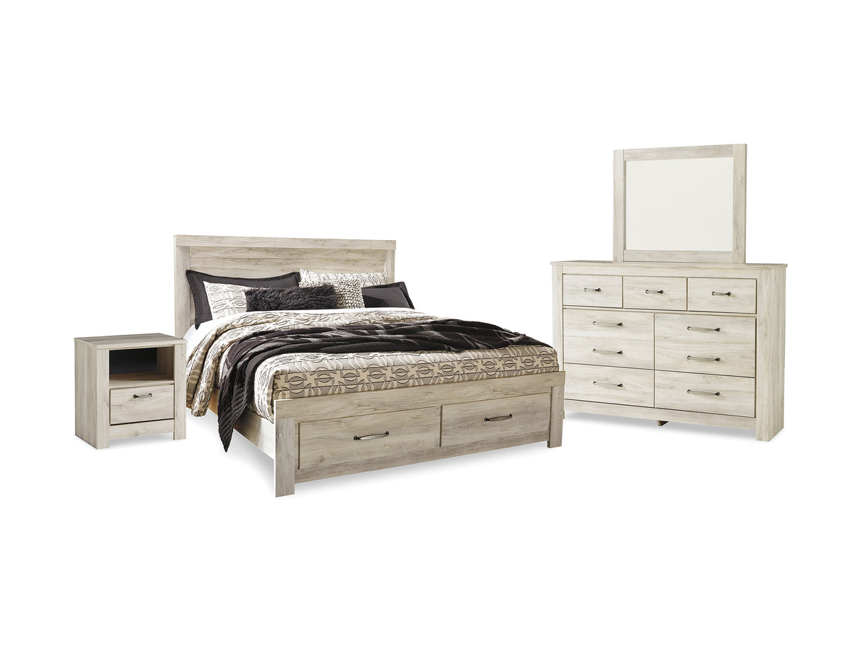 Bellaby Whitewash King Panel Storage Bed, Dresser, Mirror And Nightstand