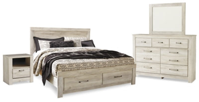 Bellaby Whitewash King Panel Storage Bed, Dresser, Mirror And Nightstand
