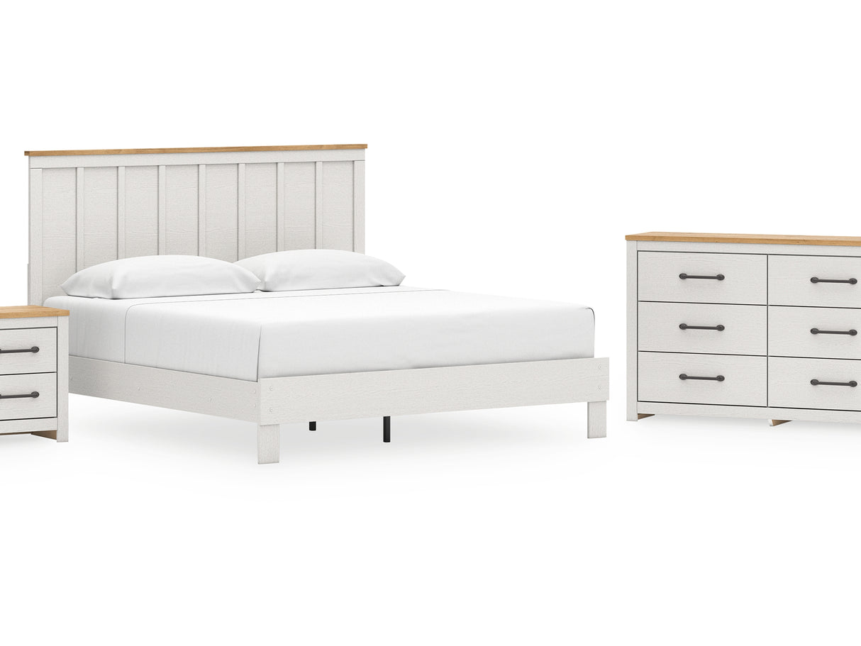 Linnocreek White/Warm Brown King Panel Bed, Dresser And Nightstand