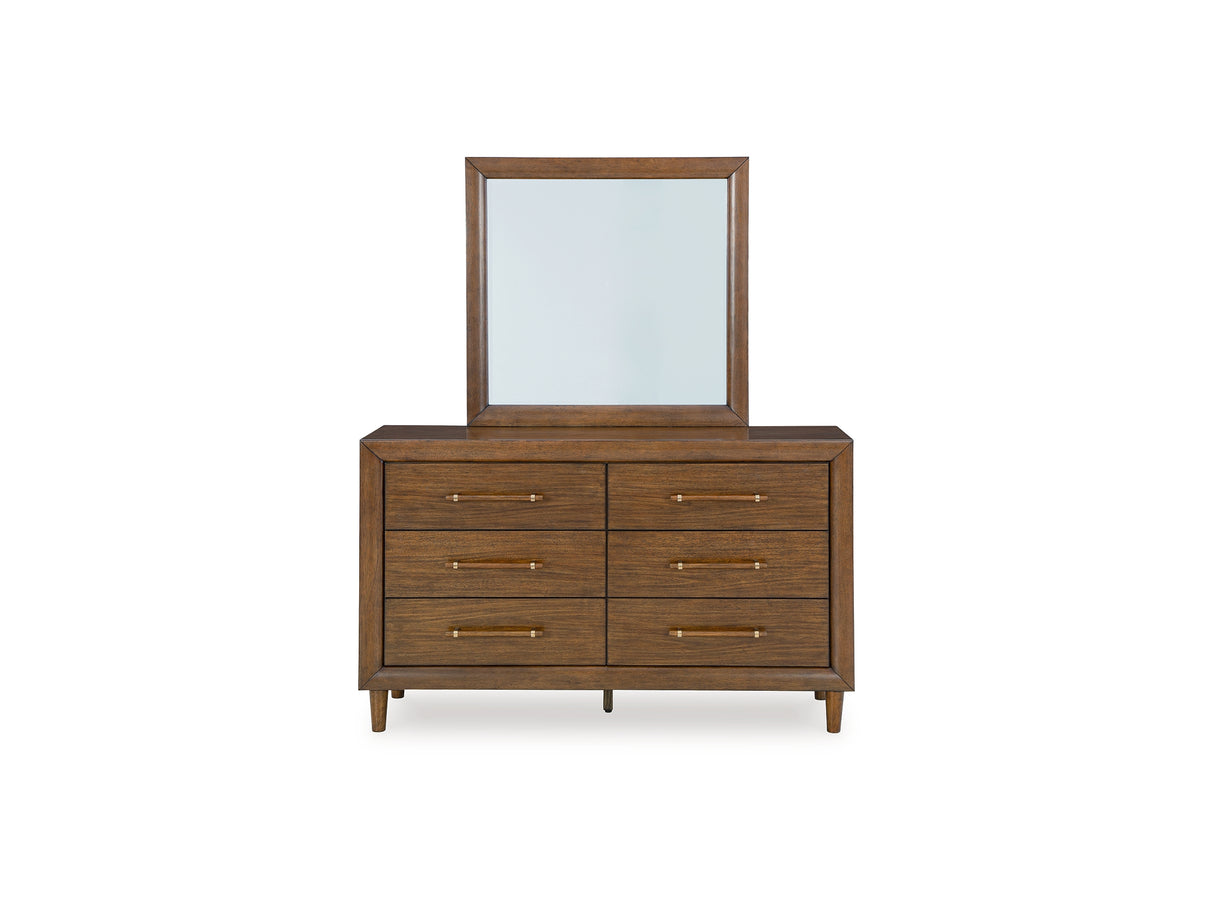 Lyncott Brown California King Upholstered Bed, Dresser And Mirror