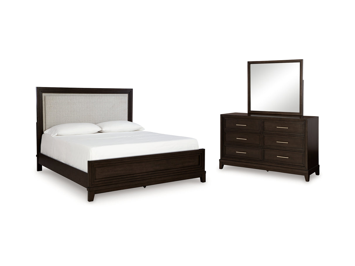 Neymorton Dark Grayish Brown Queen Upholstered Panel Bed, Dresser And Mirror