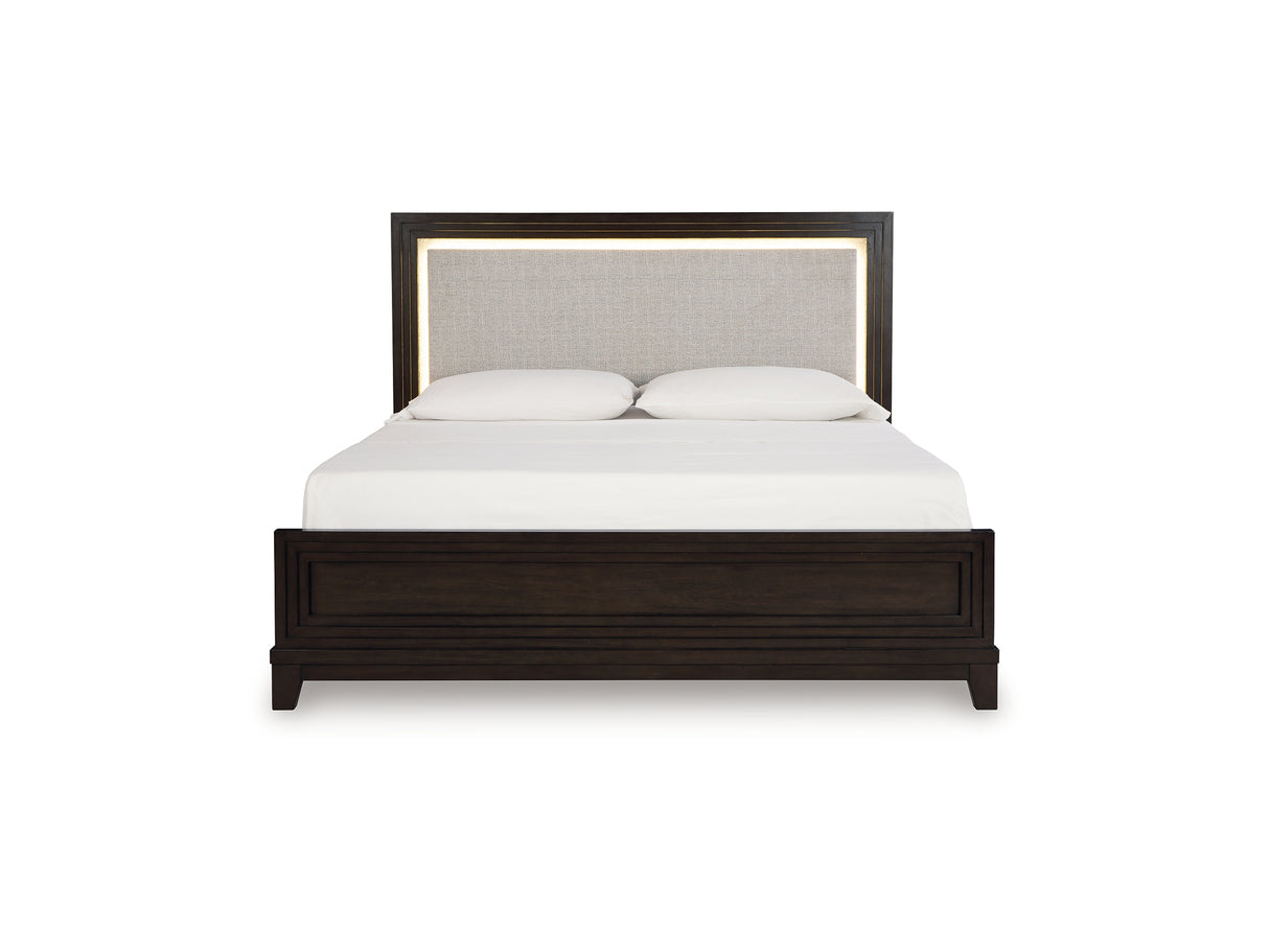 Neymorton Dark Grayish Brown Queen Upholstered Panel Bed, Dresser And Mirror