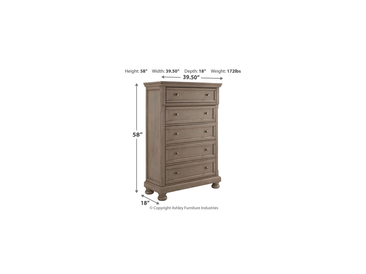 Lettner Light Gray California King Panel Bed, Dresser, Chest And 2 Nightstands