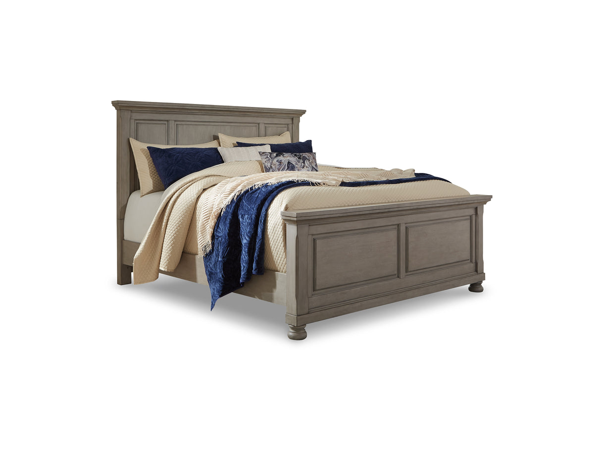 Lettner Light Gray King Panel Bed With Dresser, Mirror And Nightstand