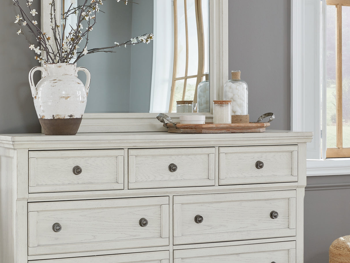 Robbinsdale Antique White King Panel Bed, Dresser, Mirror, Chest And 2 Nightstands