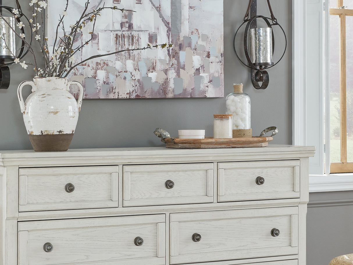 Robbinsdale Antique White Queen Panel Bed, Dresser, Chest And 2 Nightstands