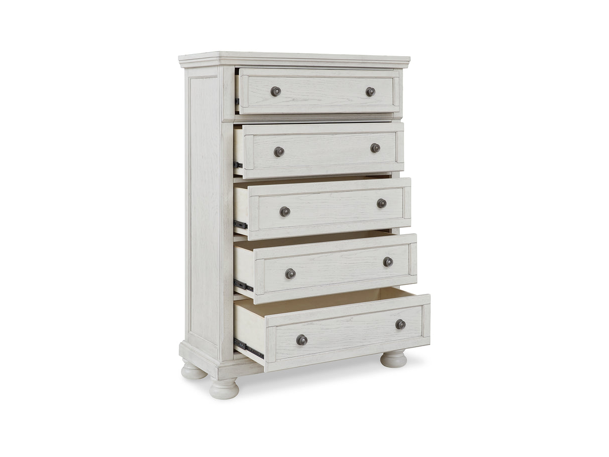 Robbinsdale Antique White King Panel Bed, Dresser, Mirror, Chest And 2 Nightstands