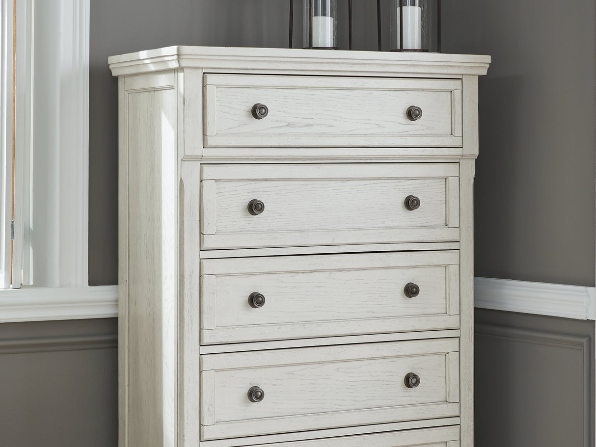 Robbinsdale Antique White King Panel Bed, Dresser, Mirror, Chest And 2 Nightstands