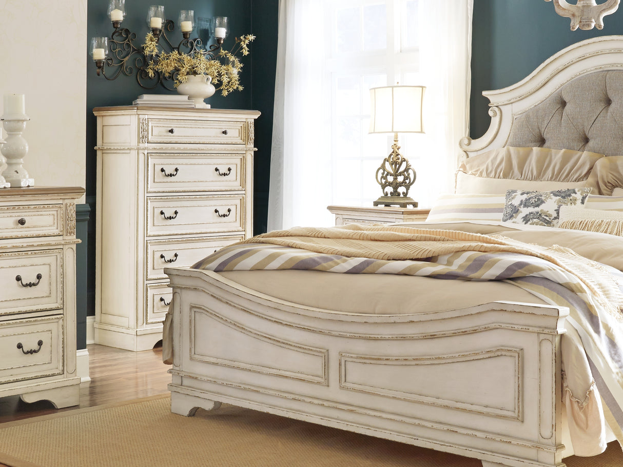 Realyn Chipped White King Upholstered Panel Bed