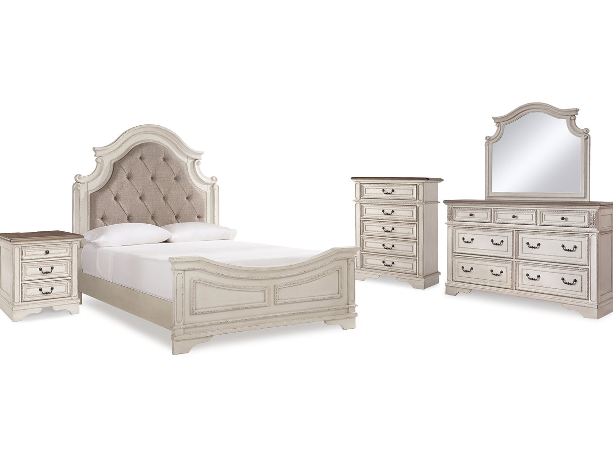 Realyn Two-Tone Queen Upholstered Panel Bed, Dresser, Mirror, Chest And Nightstand