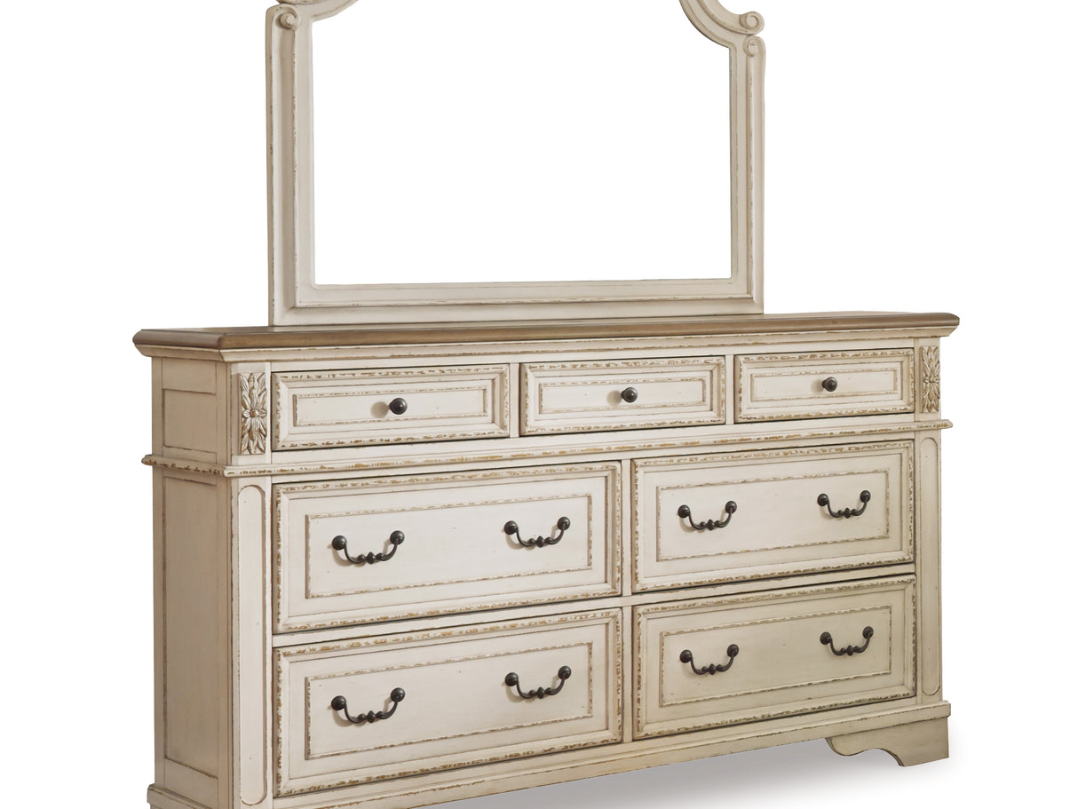Realyn Chipped White King Bed With Mirrored Dresser And Nightstand