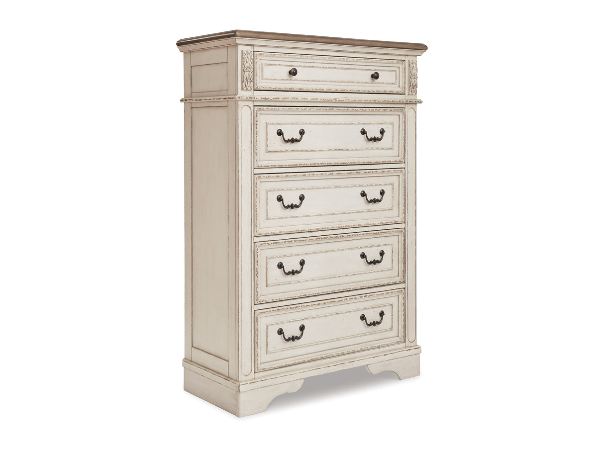 Realyn Chipped White King Panel Upholstered Bed, Dresser, Mirror And Chest