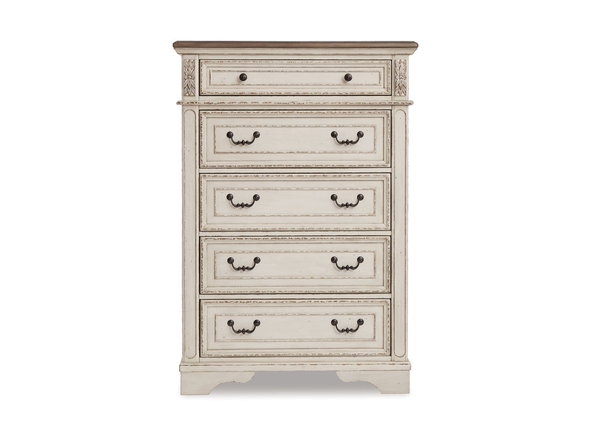 Realyn Two-Tone Queen Panel Bed, Dresser, Mirror And Chest